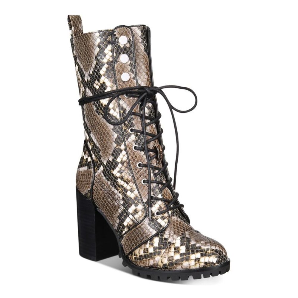 DOLCE VITA Womens Beige Animal Print With Side Zip Lace-Up Combat Boots 6